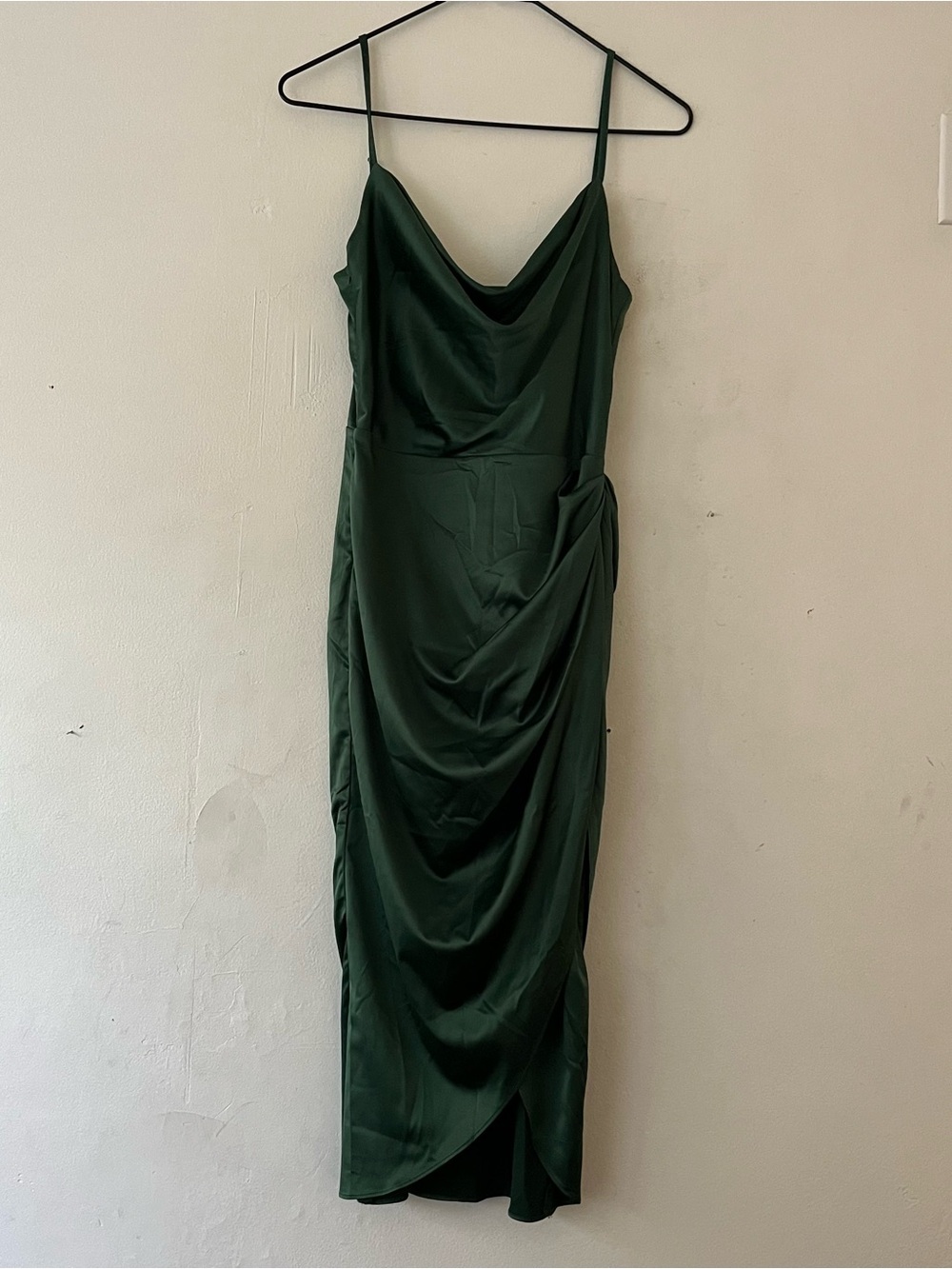 Dark green satin draped dress